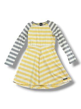 Villervalla Yellow Grey Striped Long Sleeve Organic Cotton Twirl Dress 10Y 140cm
